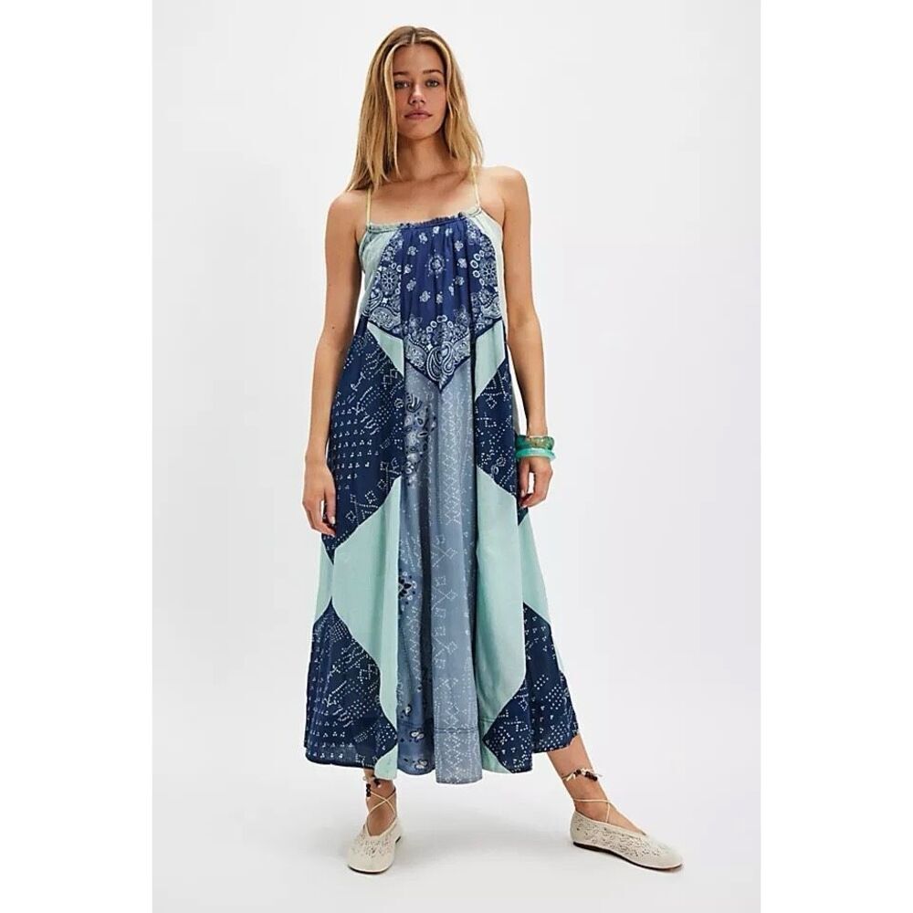 NWT Free People Womens Patchwork Halter Happy Days Maxi Dress Indigo Combo M/L